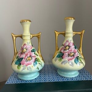 Vintage Handpainted Weisley China Vases Gold Accent set of 2